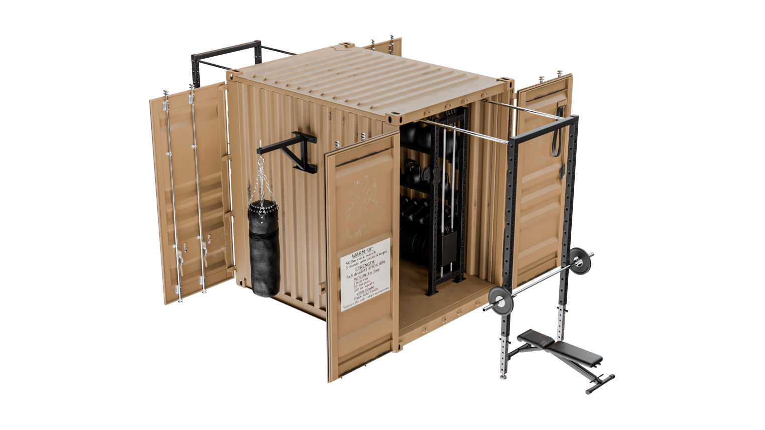 Rapid-10 isometric render — doors open, internal rig, external rigs and heavy bag deployed.