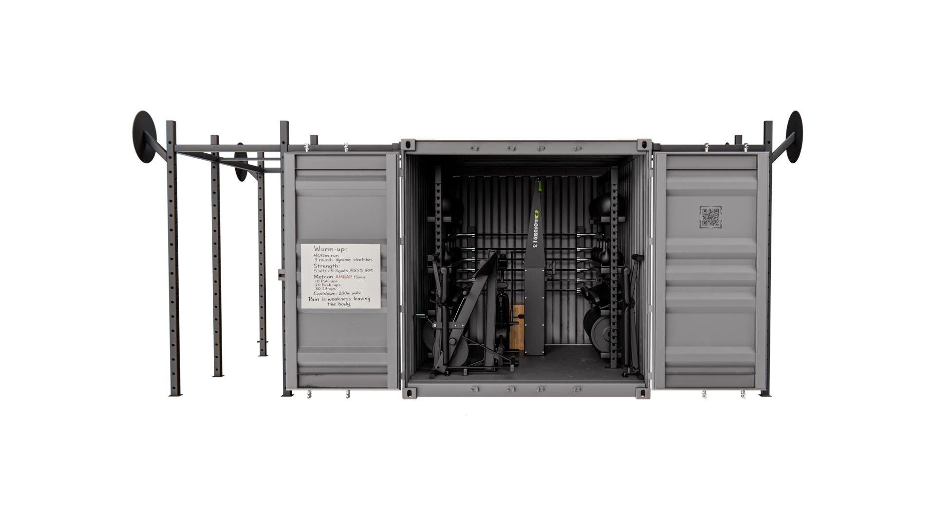 Rugged-10 front elevation with doors open showing internal equipment loadout and external rig.