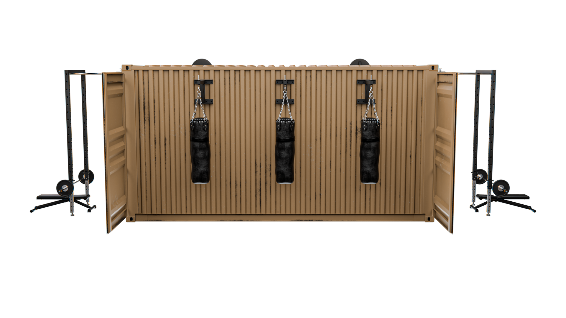 Rapid-20 rear elevation with three heavy bags mounted and external rigs on either side.
