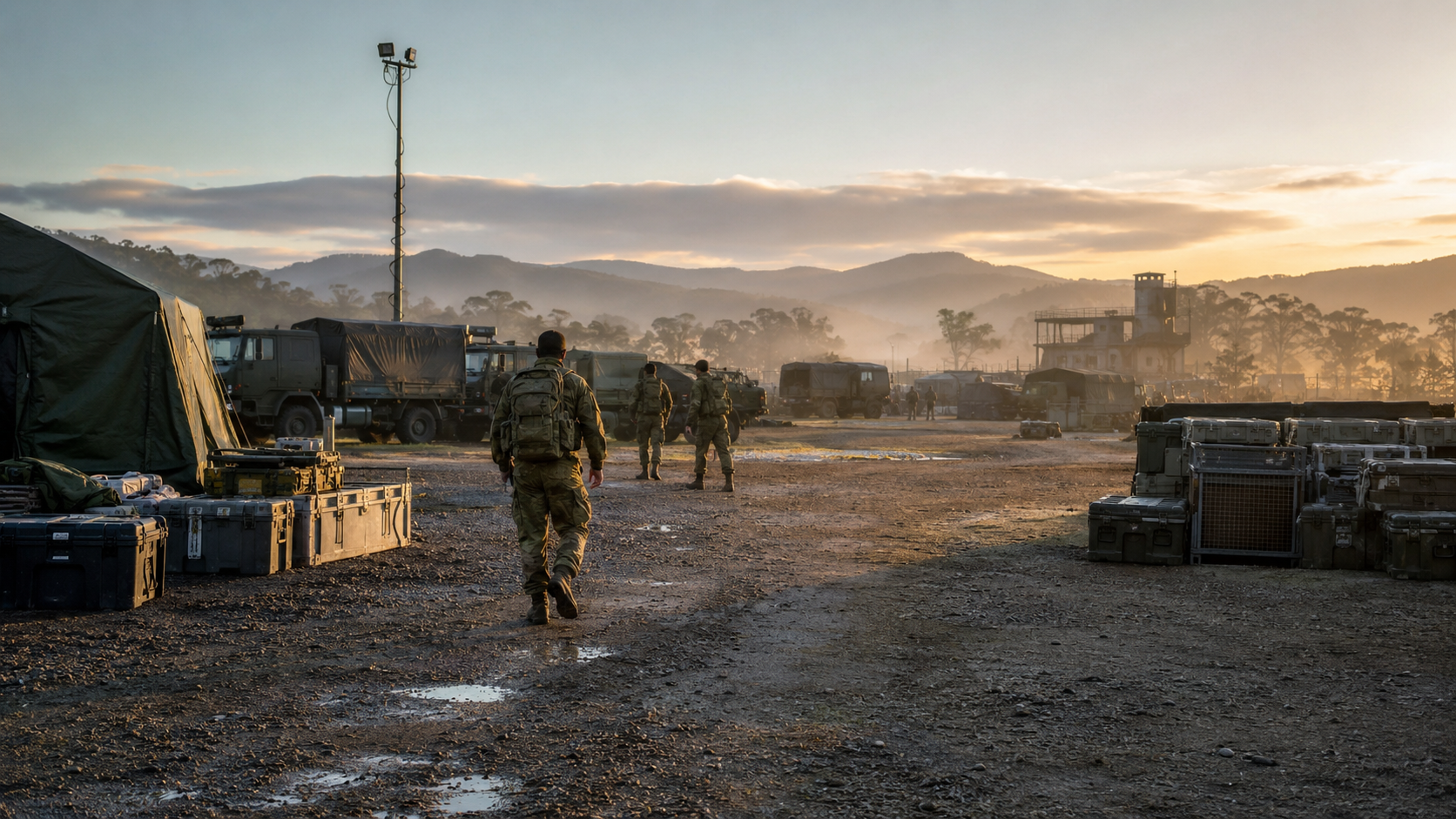 Australian Defence training environment with personnel and military vehicles at first light