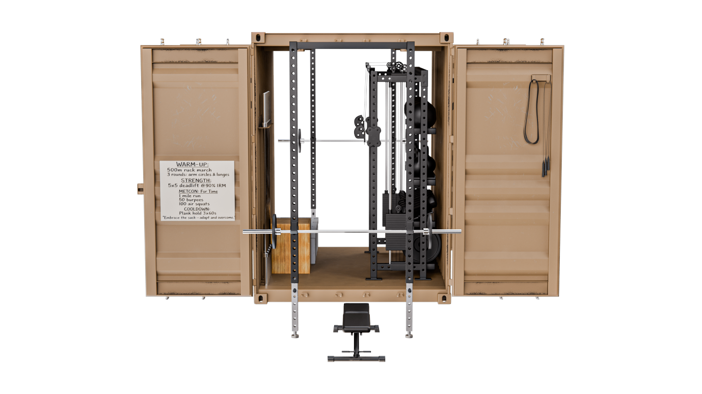 Rapid-10 front elevation with doors open showing internal cable machine and workout of the day board.