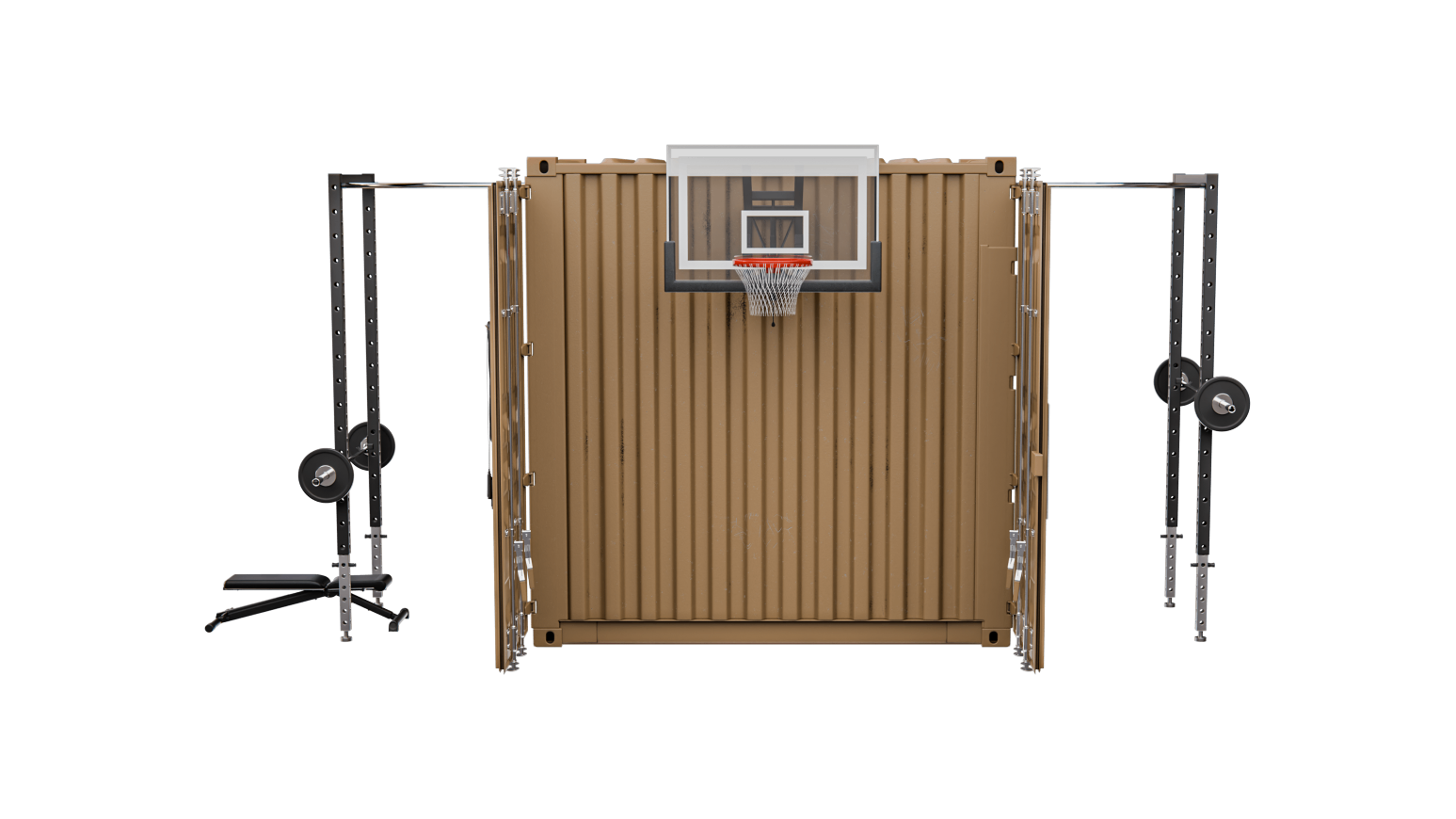 Rapid-10 rear elevation configured with basketball hoop and external rigs — operational configuration.