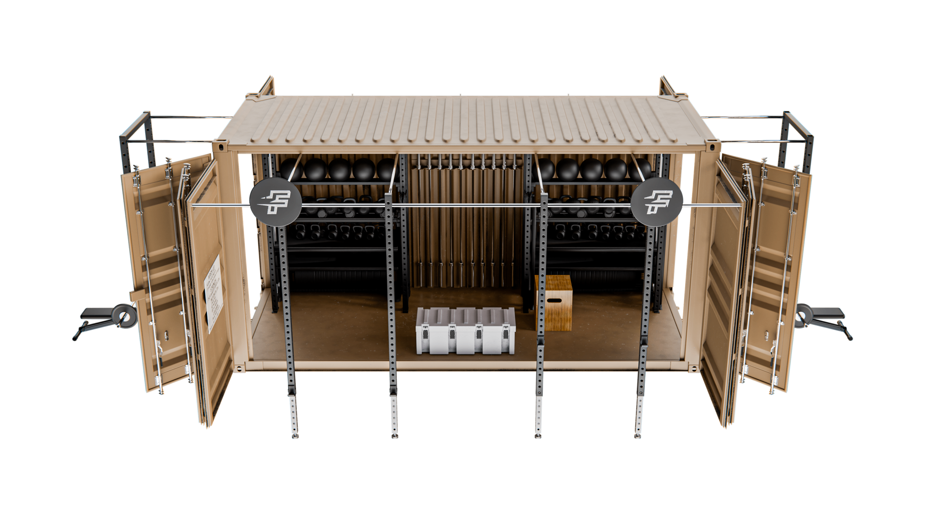 Rapid-20 internal equipment view — cable machine, rig, bench and storage.