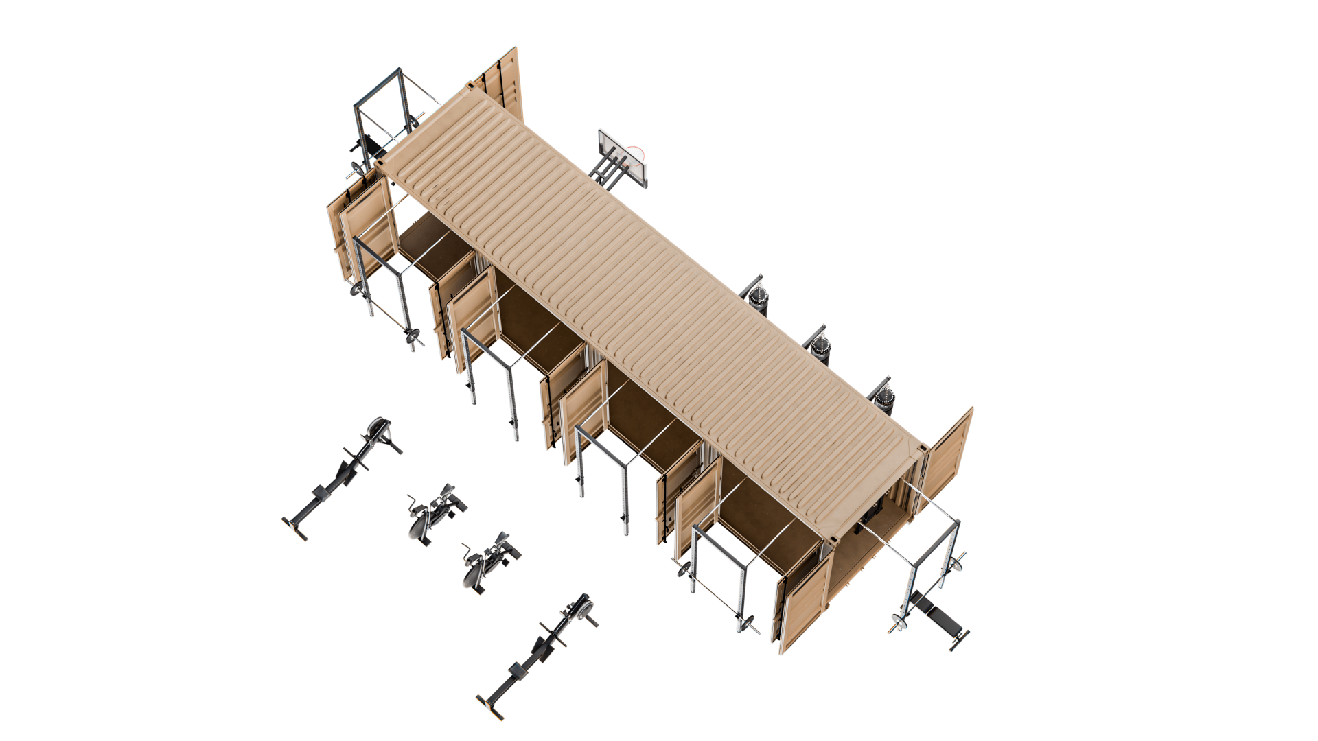 Rapid-40 top-down aerial render showing full deployed footprint with basketball hoop and external rigs.