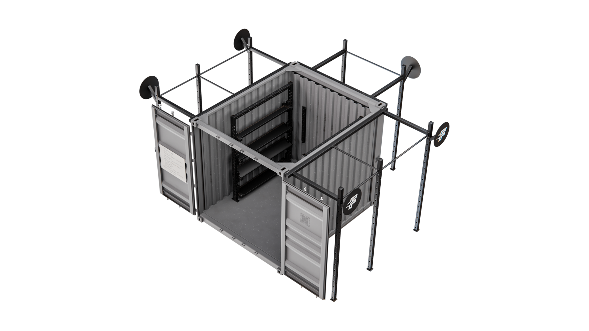 Rugged-10 elevated isometric render showing internal shelving, storage racks and external modular rack frame.