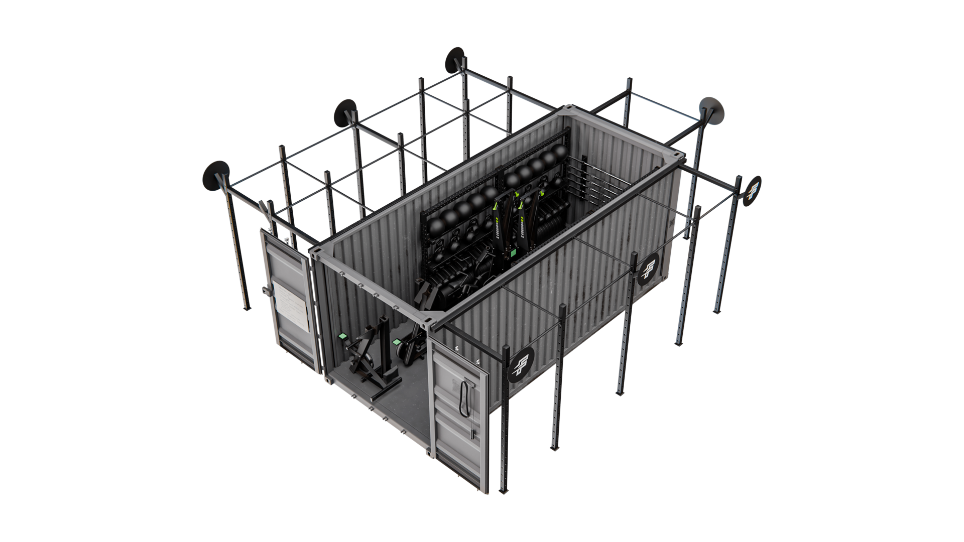 Rugged-20 isometric render with full internal equipment loadout — kettlebells, cable machine and free weights.