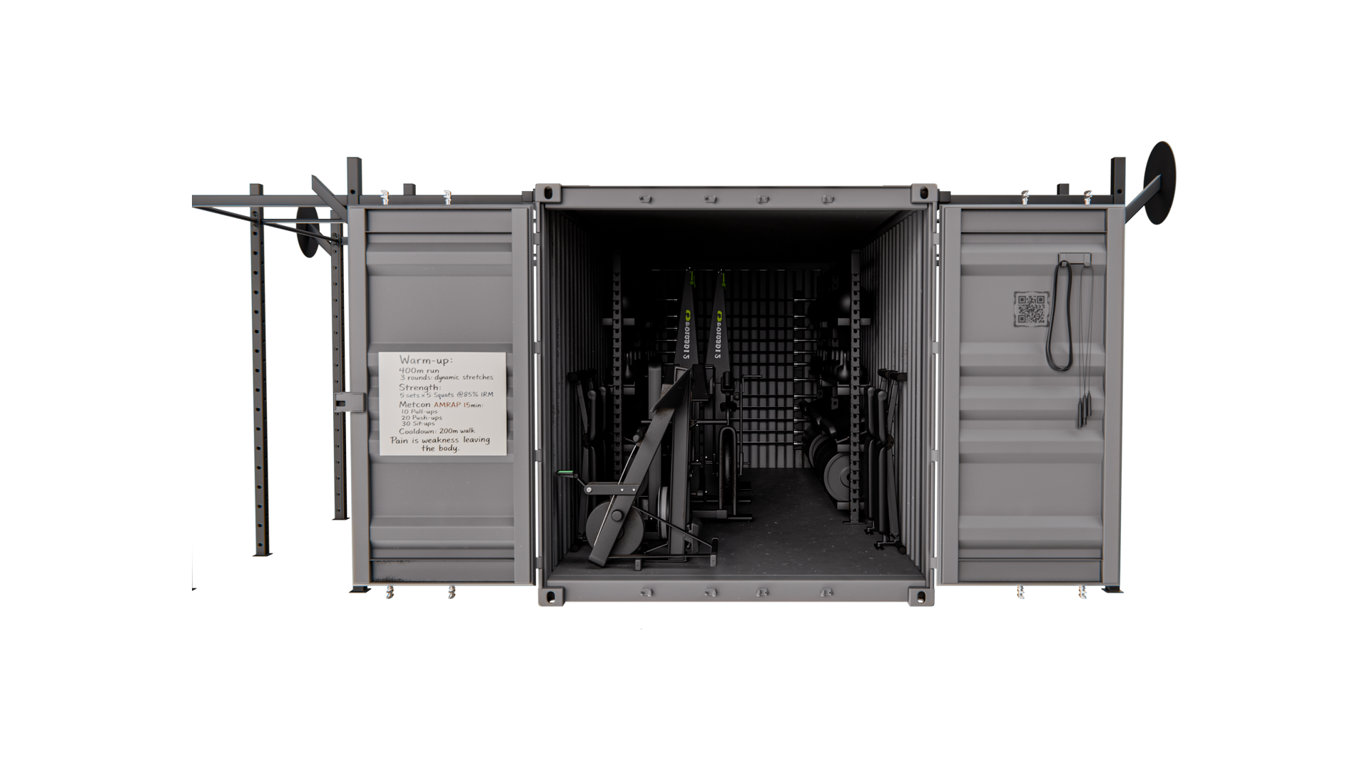 Rugged-20 front elevation configured for operational use — heavy equipment loadout with external rig.
