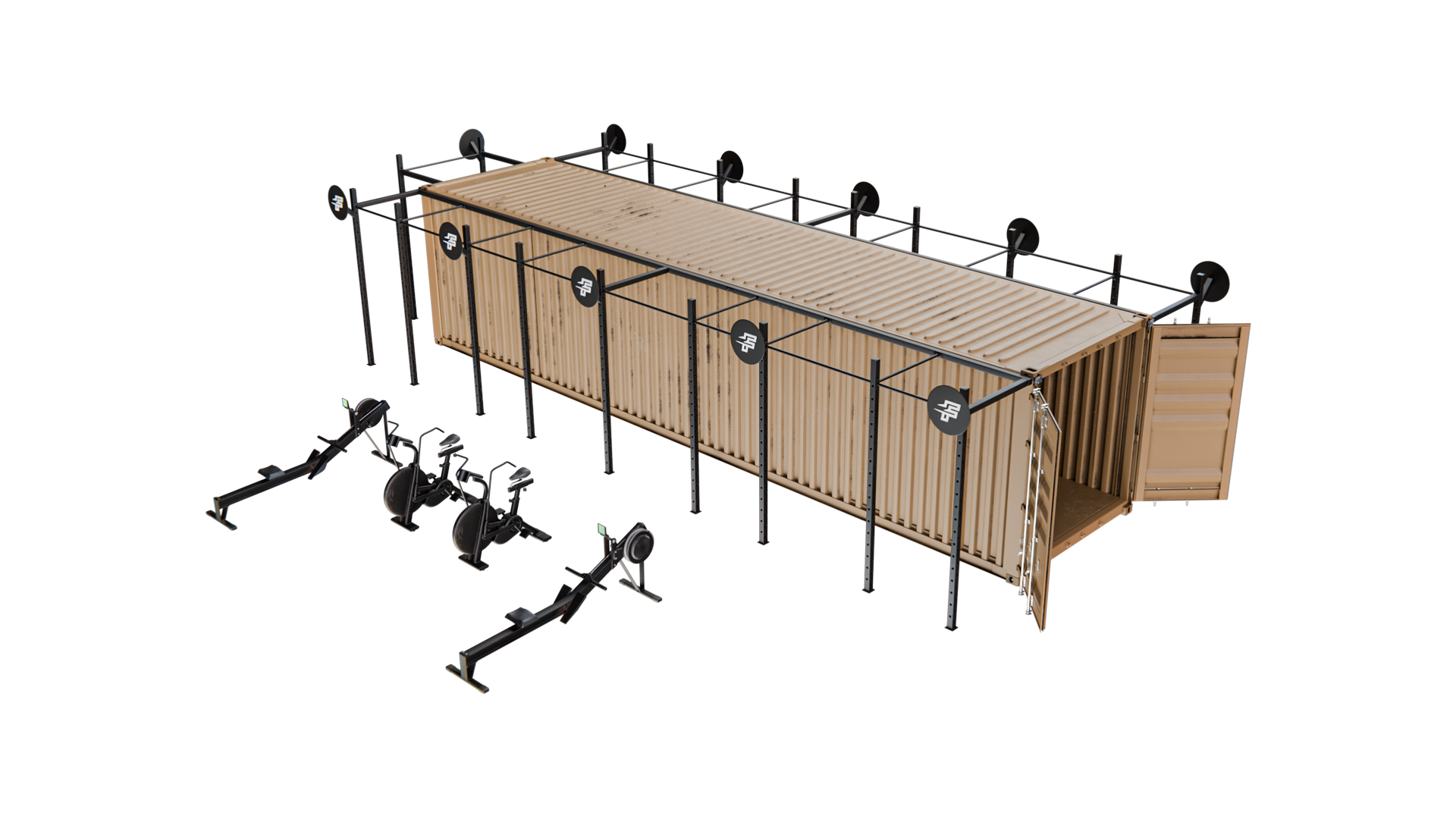 Rugged-40 isometric render — General Purpose 40ft container with full-length external modular rack system installed.
