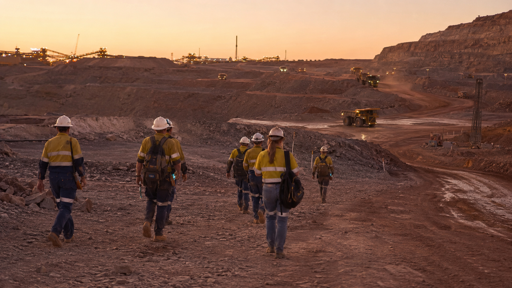 Workers entering a remote Australian open-cut mining operation at sunrise