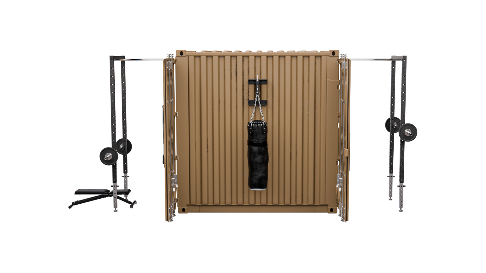 Rapid-10 rear elevation with heavy bag mounted and external rigs on either side.