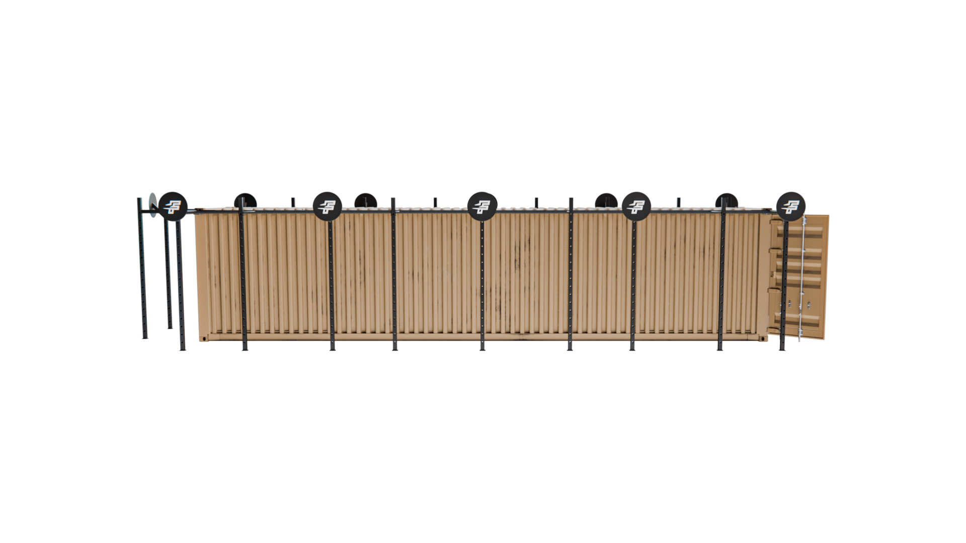 Rugged-40 rear elevation of the General Purpose 40ft container with external rack frame in place.