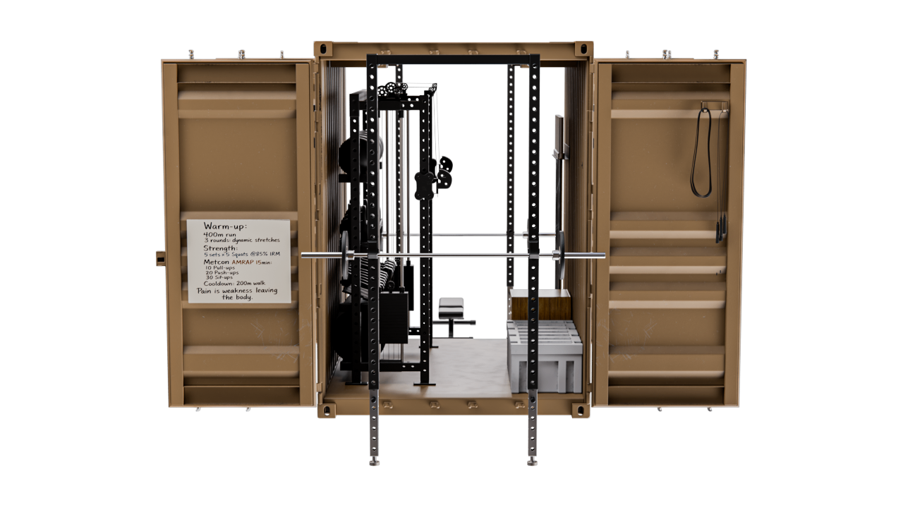 Rapid-10 internal equipment — cable machine, storage crate and free weights.