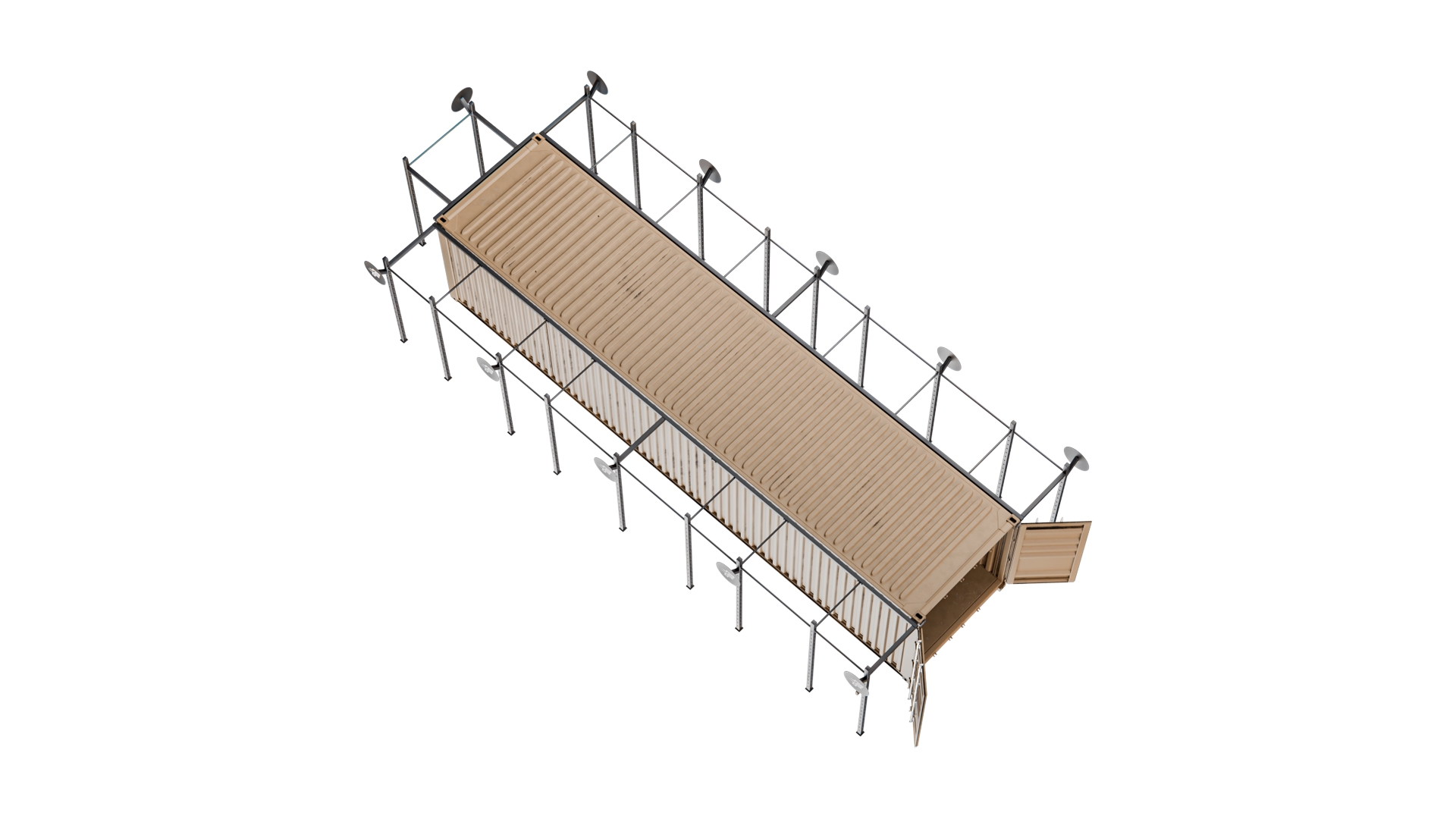 Rugged-40 elevated overhead render showing the full-length external rack footprint around the 40ft container.