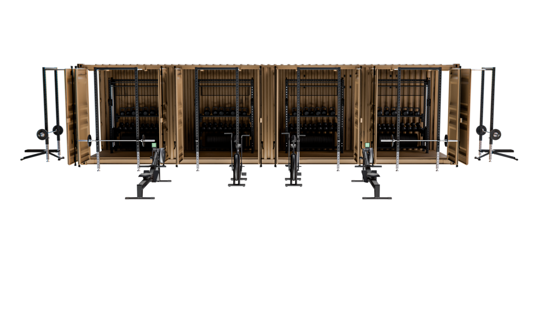 Rapid-40 front elevation with all doors open showing internal storage of barbells, kettlebells, plates and equipment across four bays.