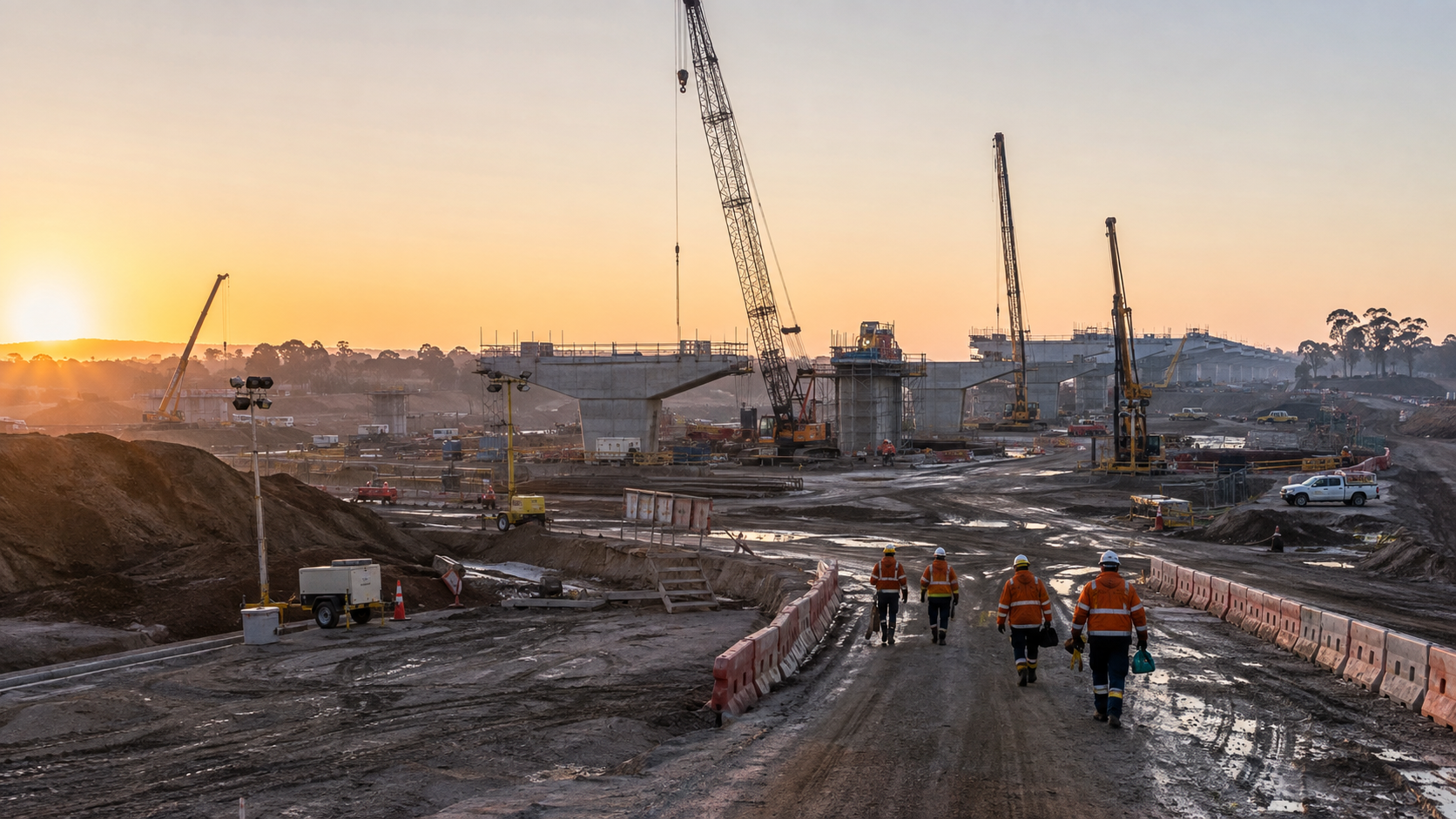 Workers mobilising at a major Australian infrastructure construction project at dawn