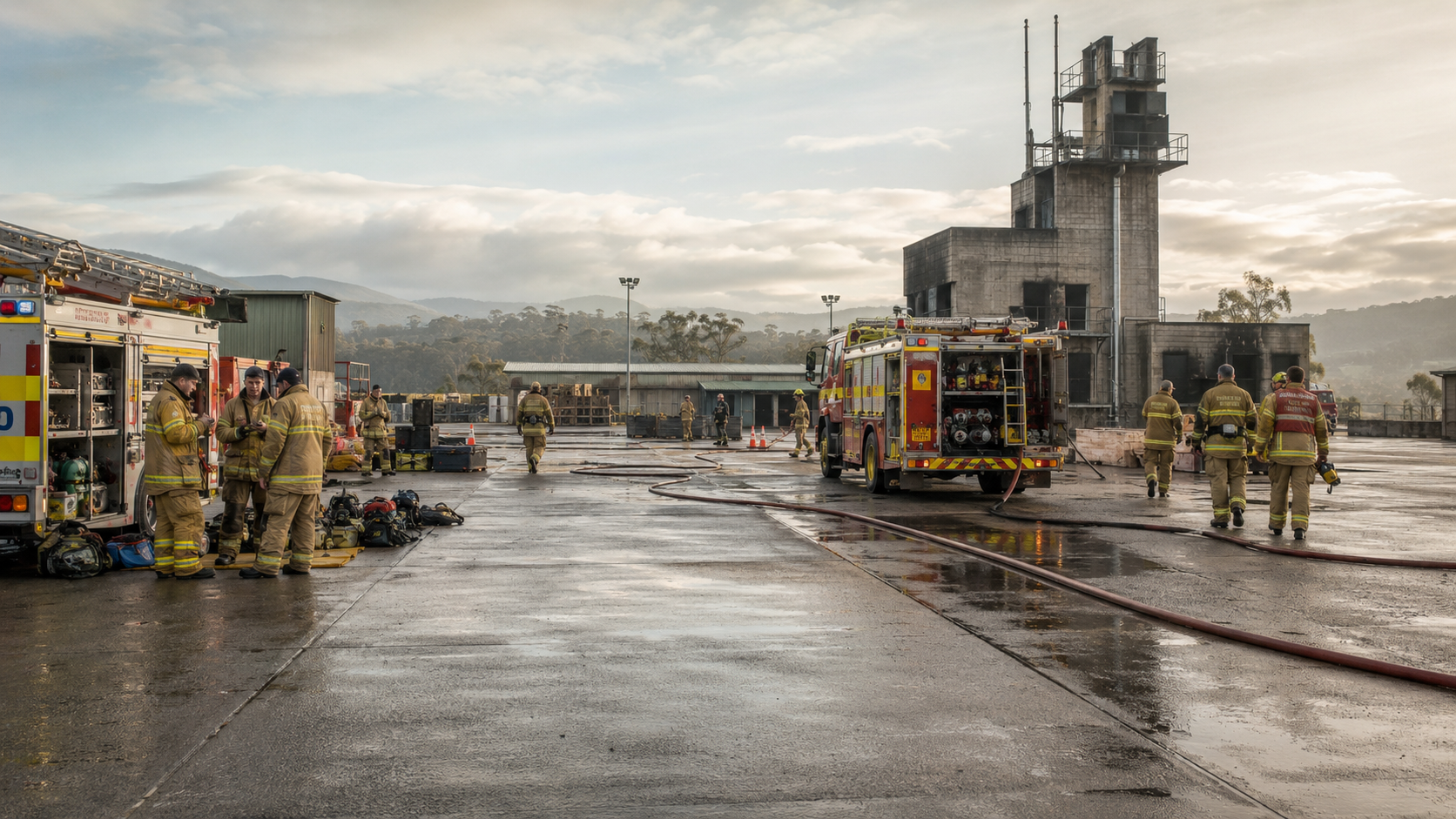 Australian firefighters preparing equipment at an emergency services training facility