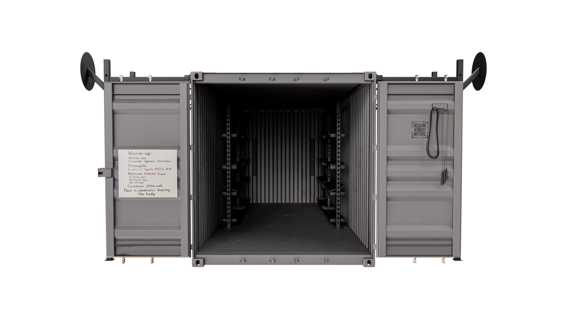 Rugged-20 front elevation with doors open showing internal rack loadout and workout board.