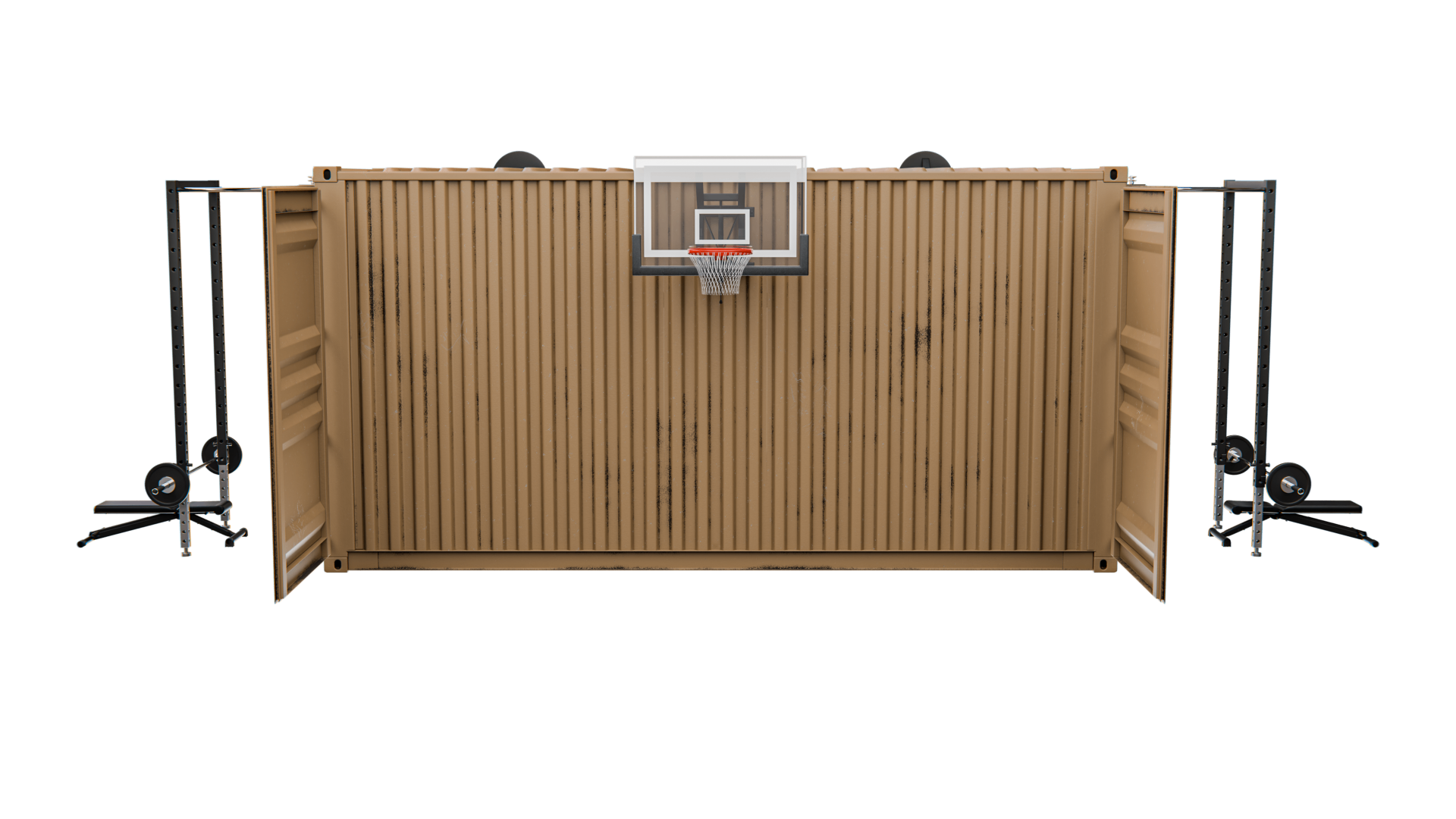 Rapid-20 rear elevation configured with basketball hoop and external rigs — operational configuration.