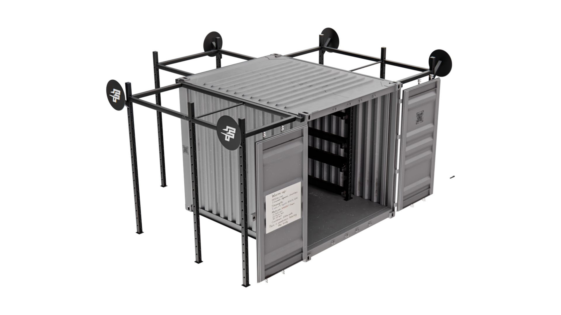 Rugged-10 isometric render — General Purpose 10ft container with external modular rack system installed.
