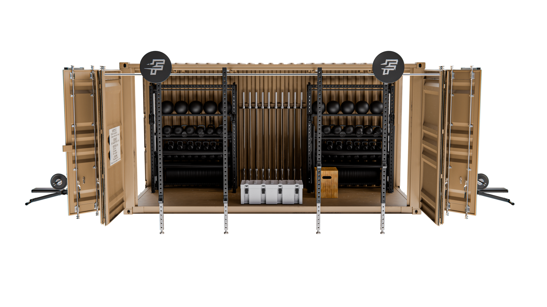 Rapid-20 front elevation with doors open showing internal storage of barbells, kettlebells and equipment.