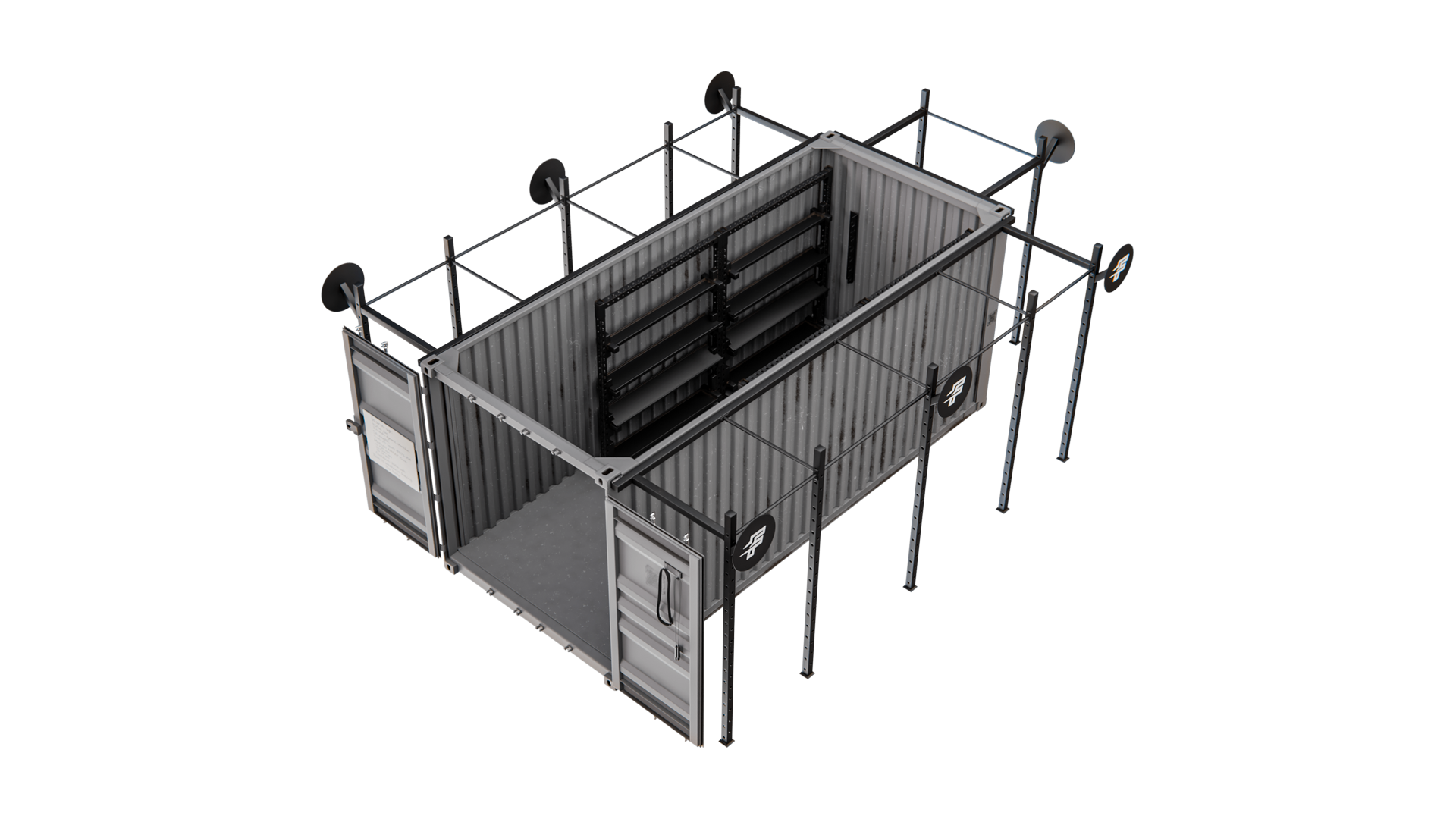 Rugged-20 isometric render — General Purpose 20ft container with external modular rack system installed.