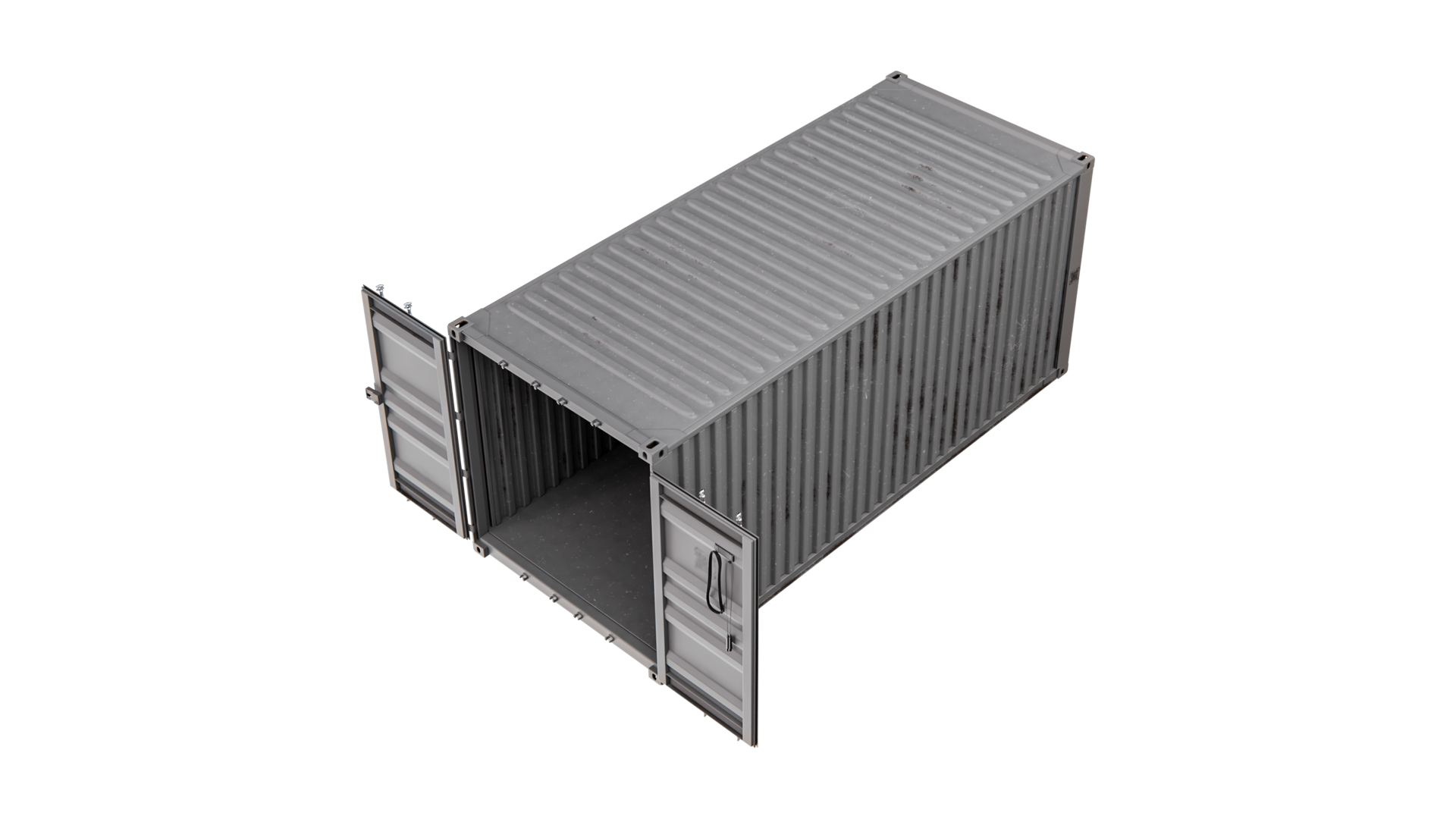 Rugged-20 elevated overhead render of the General Purpose 20ft container with doors open.
