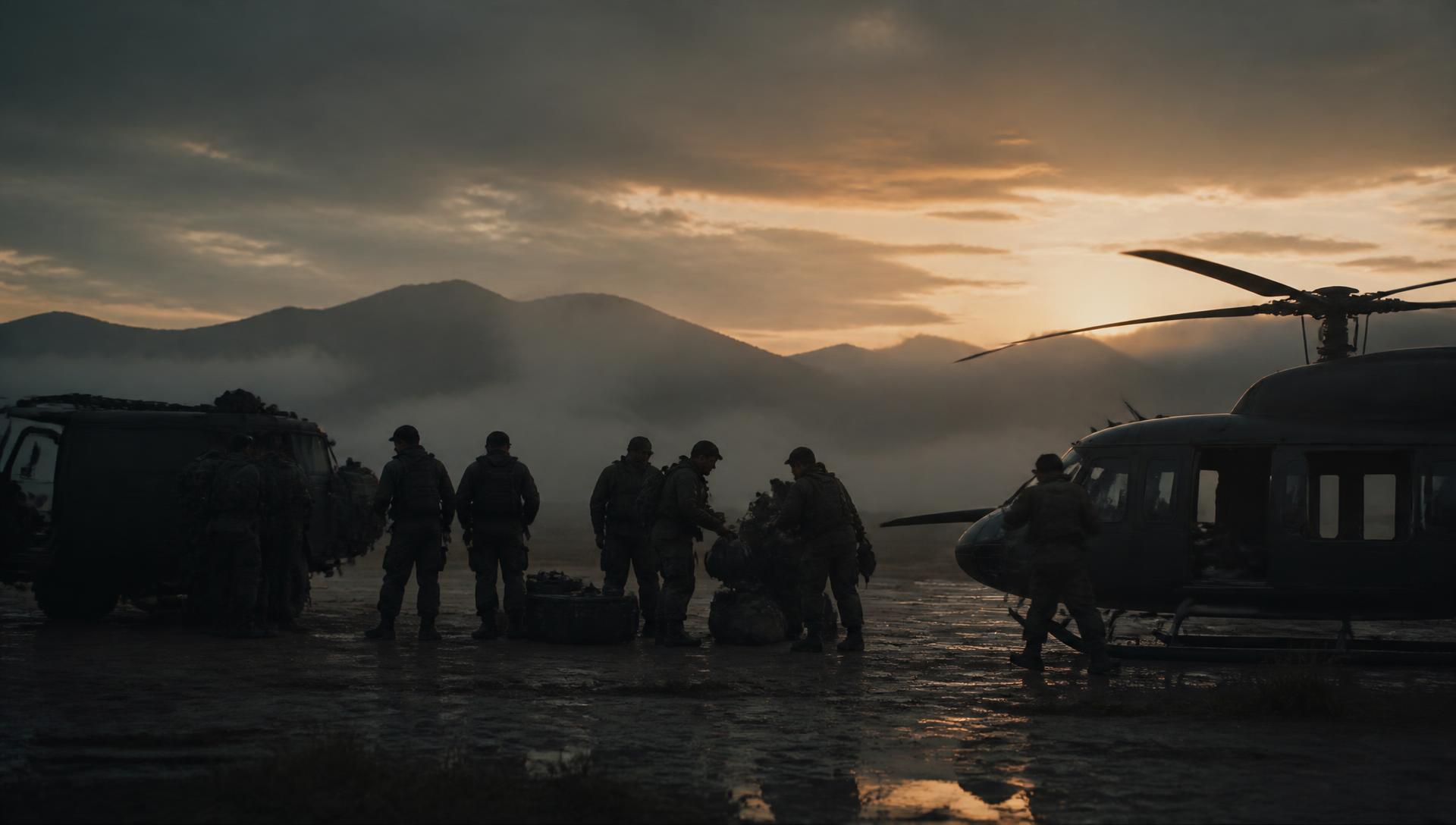 Operational personnel preparing equipment at first light in a remote environment