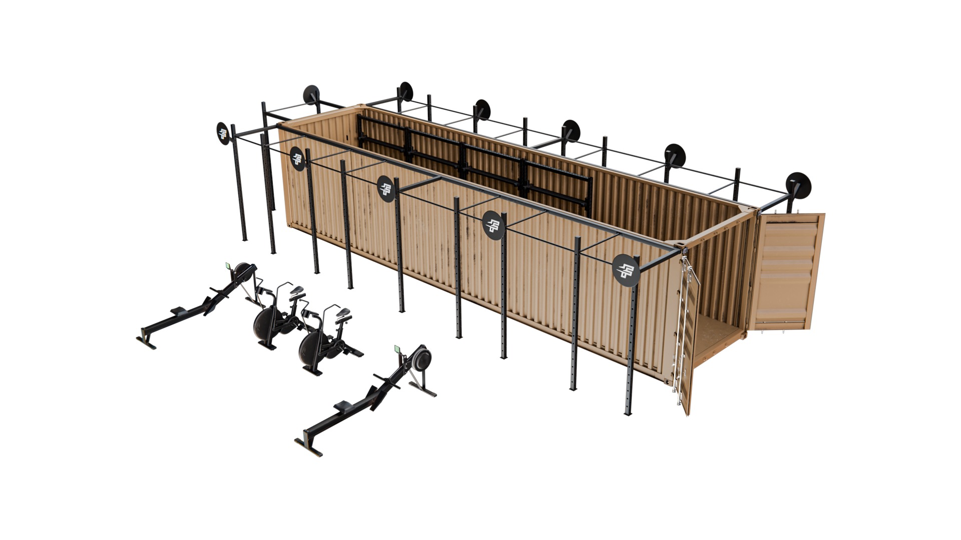 Rugged-40 isometric render configured for operational use — full-length rack with rowers and bikes stationed alongside.