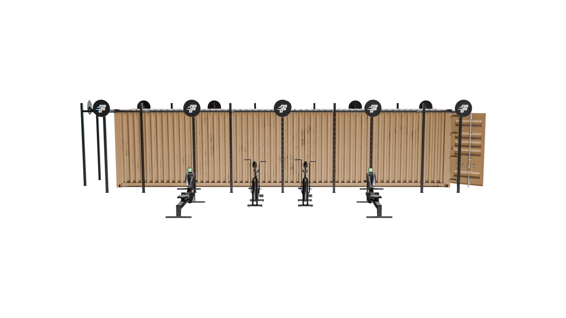 Rugged-40 front elevation showing the full-length external rack with cardio equipment stationed along the frame.