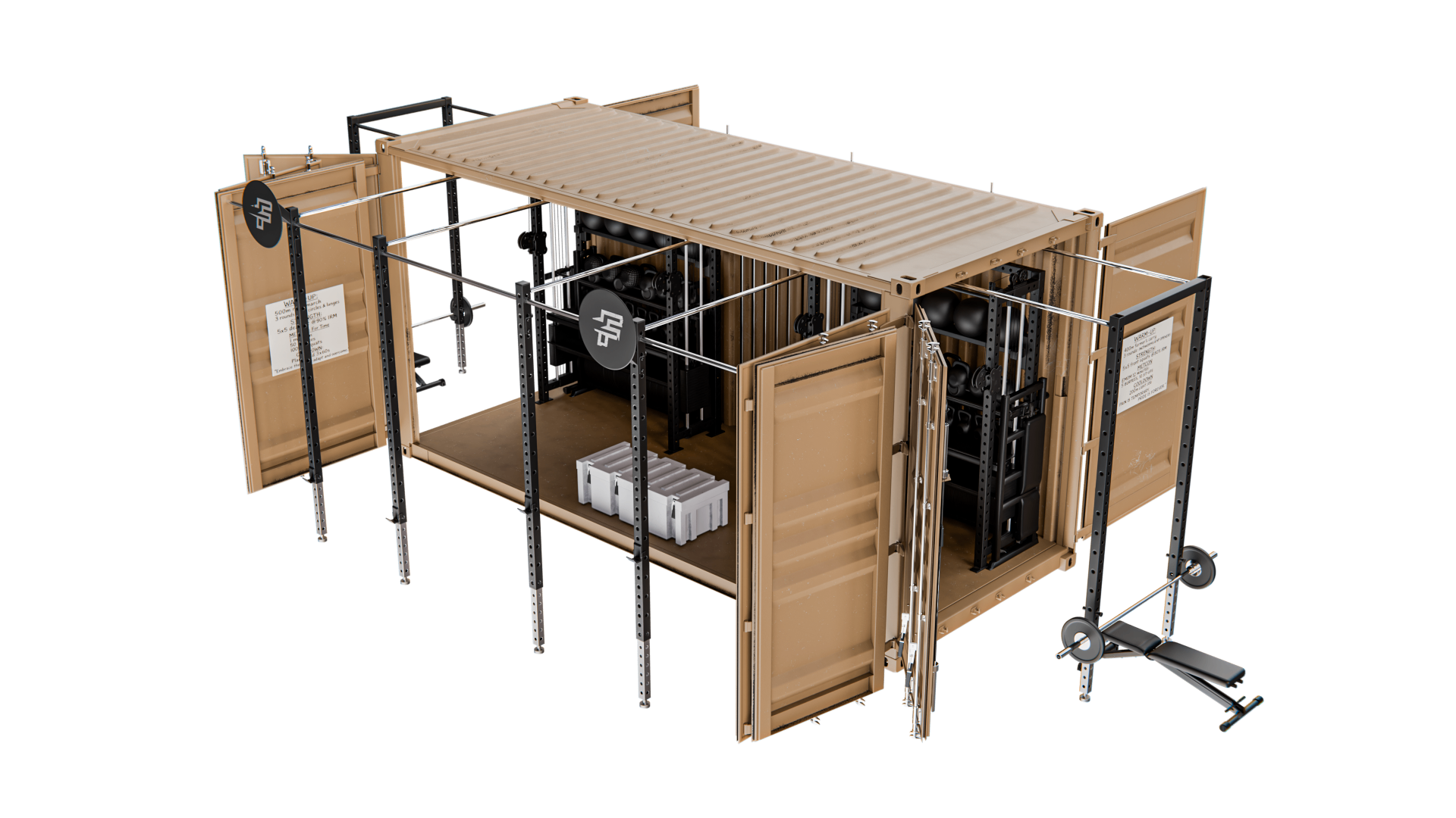Rapid-20 isometric render — full deployment with external rigs, benches and overhead rigging.